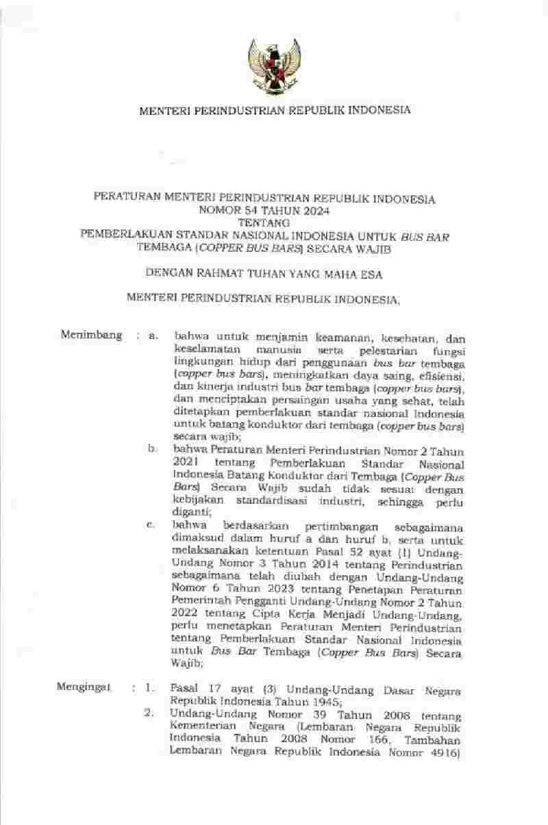 Peraturan Menteri Perindustrian No 54 tahun 2024 tentang Pemberlakuan Standar Nasional Indonesia untuk Bus Bar Tembaga (Copper Bus Bars) secara Wajib