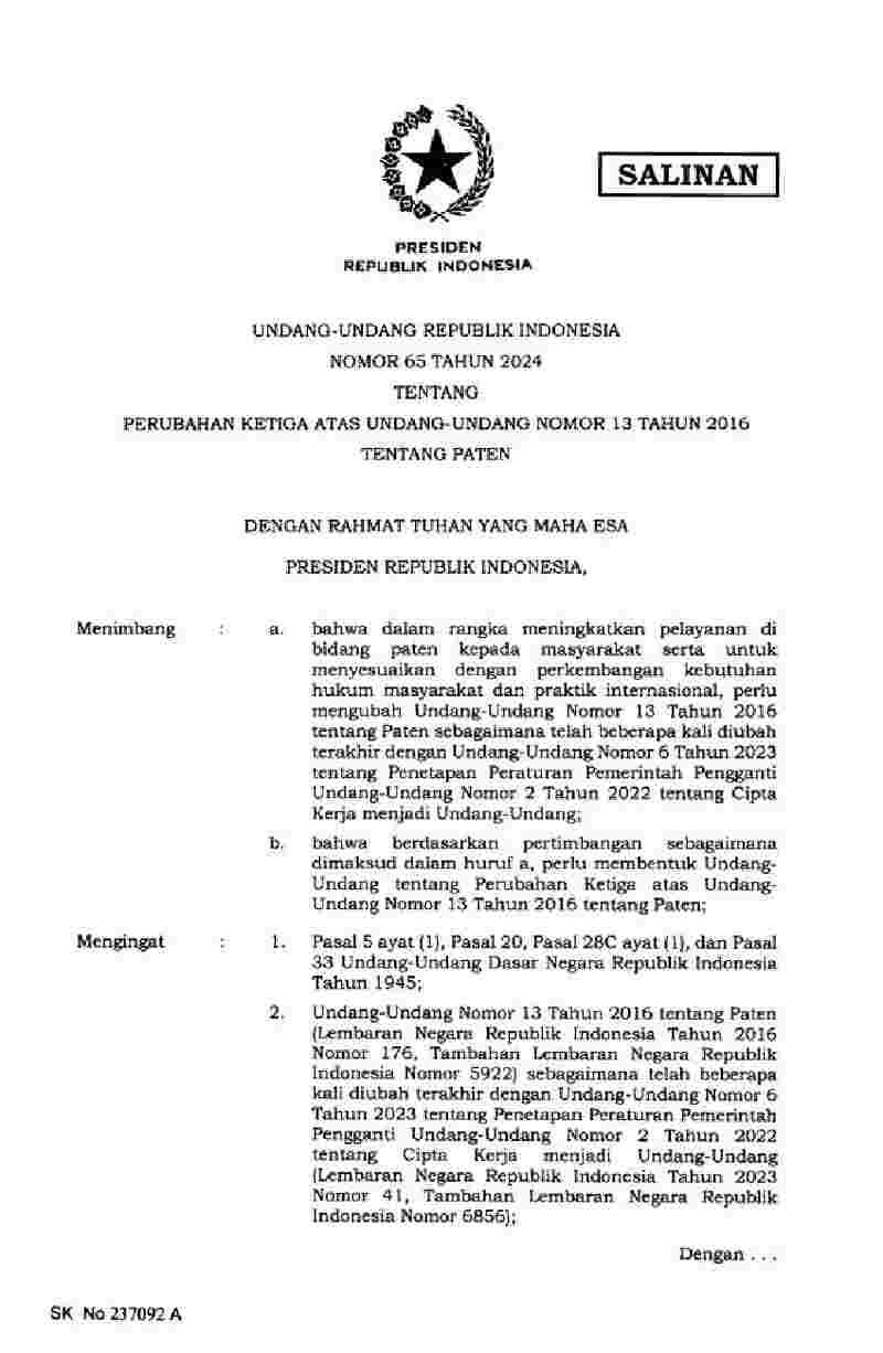 Undang Undang No 65 tahun 2024 tentang Perubahan Ketiga atas Undang-Undang Nomor 13 Tahun 2016 tentang Paten
