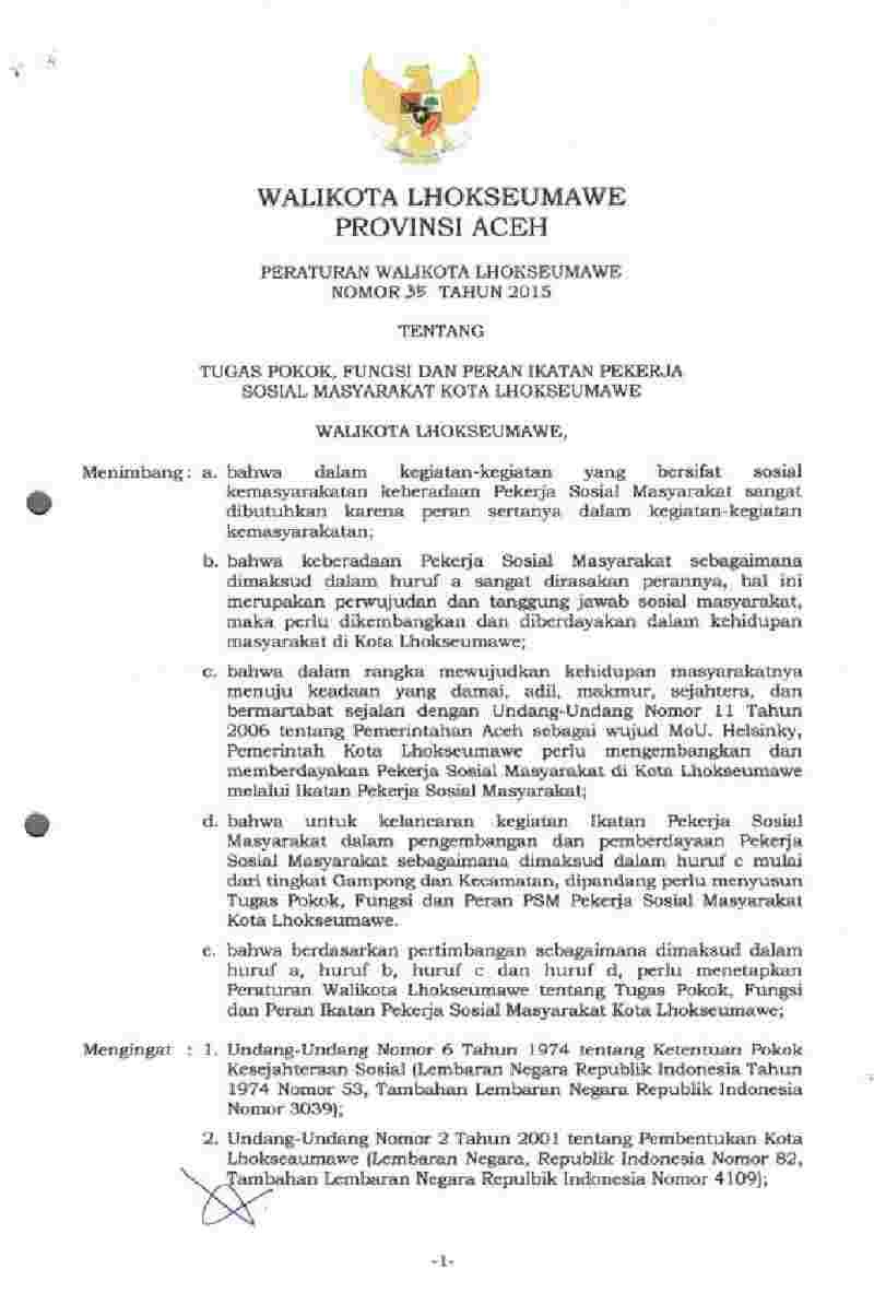 Peraturan Walikota Lhokseumawe No 35 tahun 2015 tentang Tugas Pokok, Fungsi dan Peran Ikatan Pekerja Sosial Masyarakat Kota Lhokseumawe