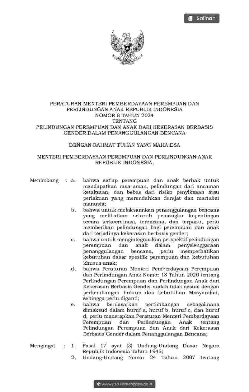 Peraturan Menteri Negara Pemberdayaan Perempuan Dan Perlindungan Anak No 8 tahun 2024 tentang Pelindungan Perempuan dan Anak dari Kekerasan Berbasis Gender dalam Penanggulangan Bencana