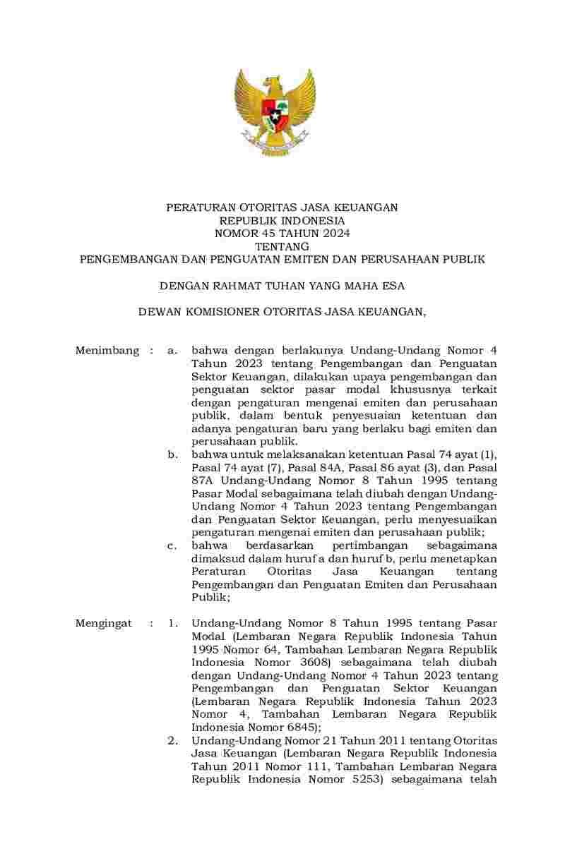 Peraturan Otoritas Jasa Keuangan (OJK) No 45 tahun 2024 tentang Pengembangan dan Penguatan Emiten dan Perusahaan Publik