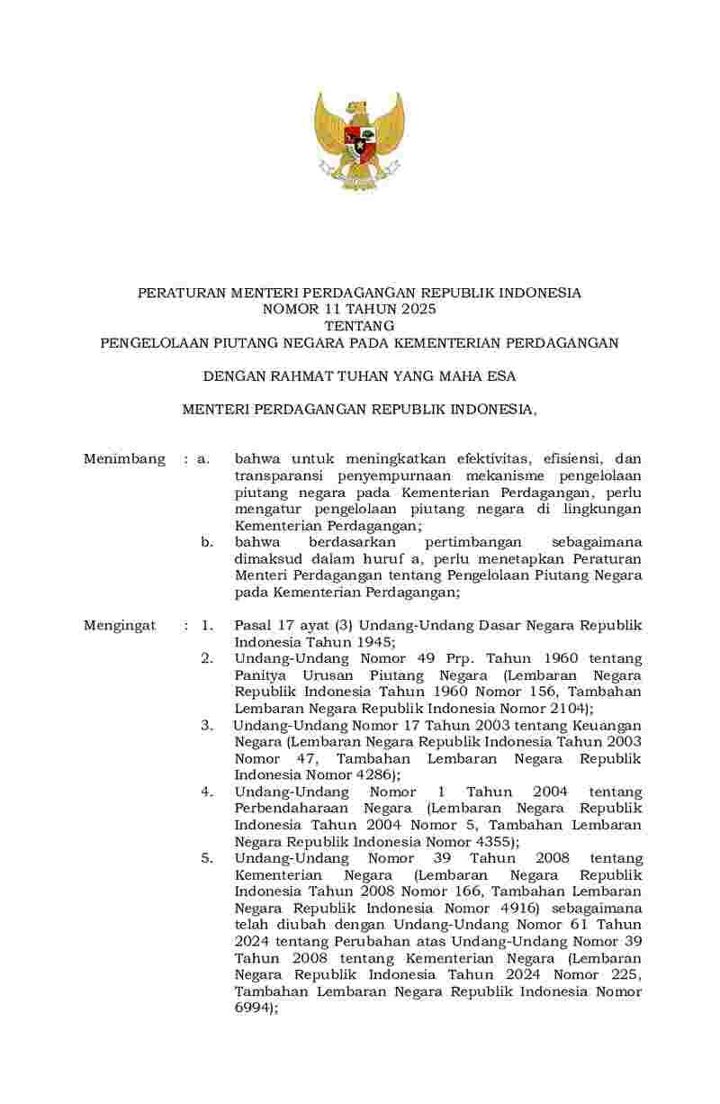 Peraturan Menteri Perdagangan No 11 tahun 2025 tentang Pengelolaan Piutang Negara pada Kementerian Perdagangan