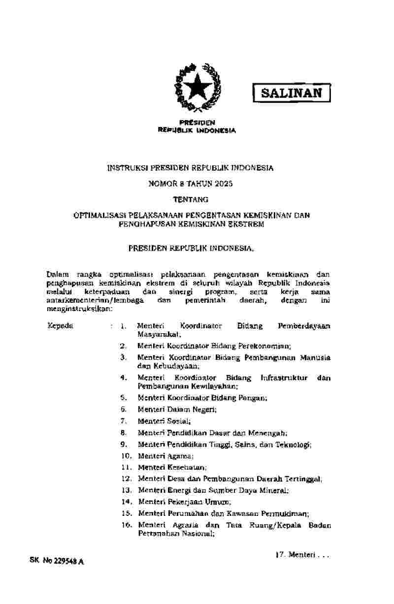 Instruksi Presiden No 8 tahun 2025 tentang Optimalisasi Pelaksanaan Pengentasan Kemiskinan dan Penghapusan Kemiskinan Ekstrem