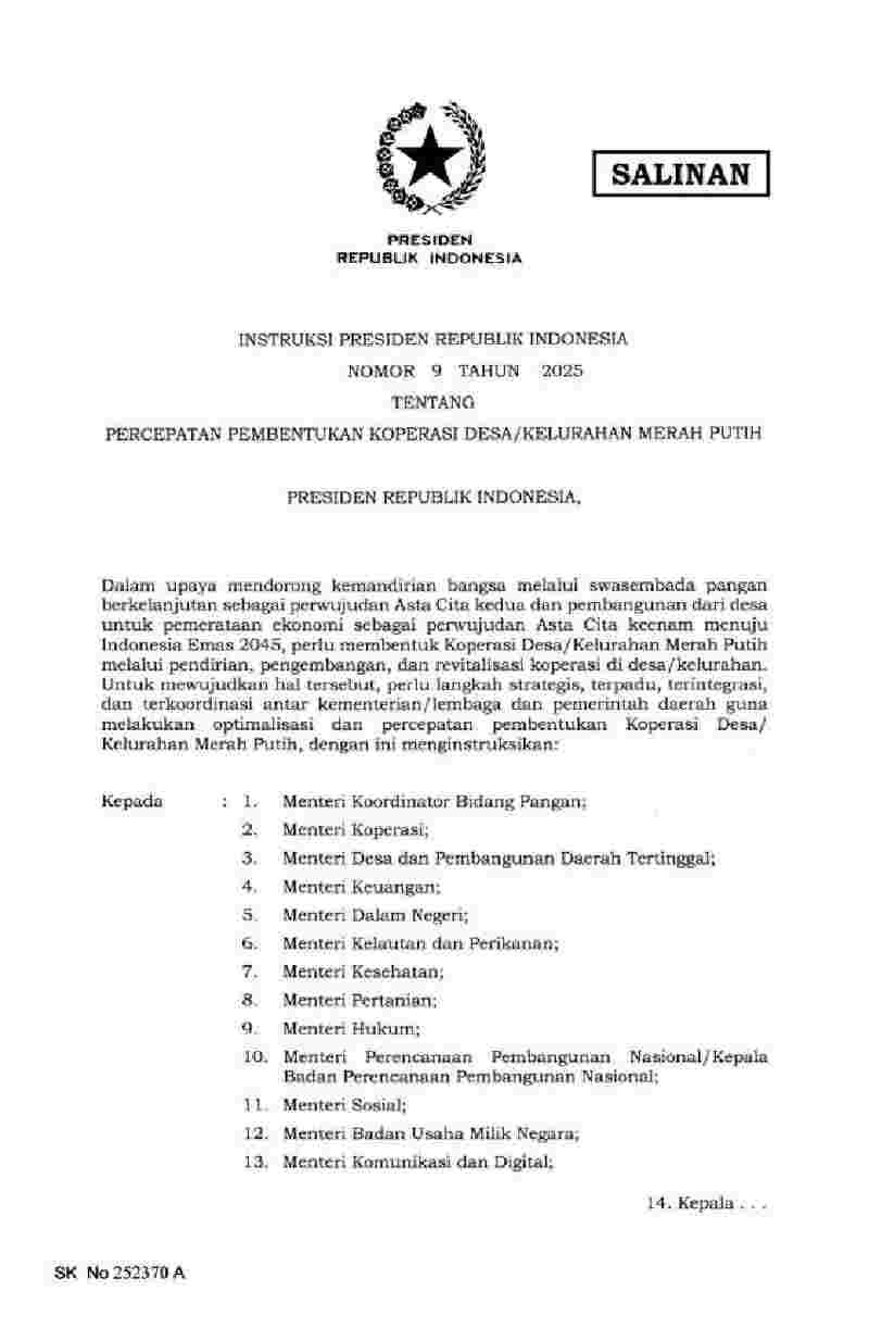 Instruksi Presiden No 9 tahun 2025 tentang Percepatan Pembentukan Koperasi Desa/Kelurahan Merah Putih