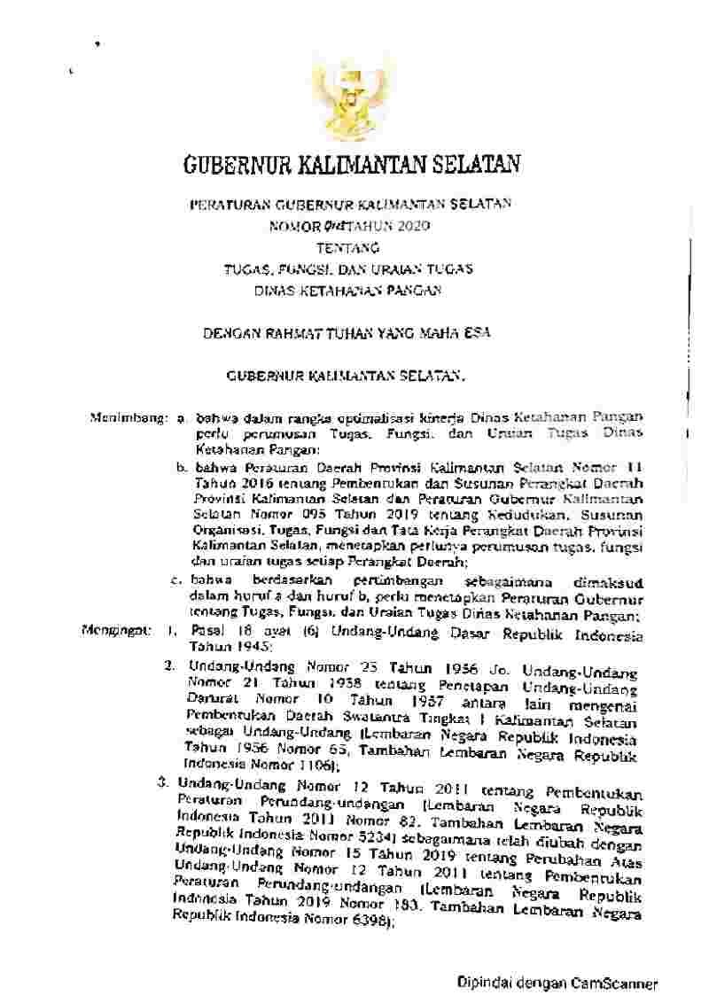 Peraturan Gubernur Kalimantan Selatan No 115 tahun 2020 tentang Tugas, Fungsi, dan Uraian Tugas Dinas Ketahanan Pangan