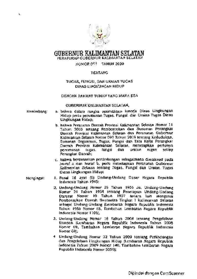 Peraturan Gubernur Kalimantan Selatan No 77 tahun 2020 tentang Tugas, Fungsi dan Uraian Tugas Dinas Lingkungan Hidup