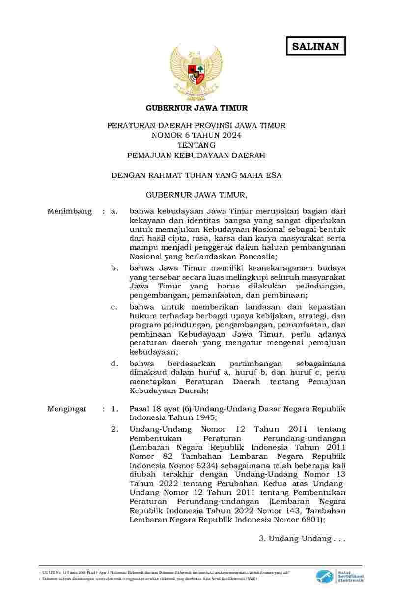 Peraturan Daerah Provinsi Jawa Timur No 6 tahun 2024 tentang Pemajuan Kebudayaan Daerah