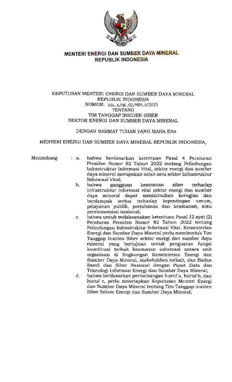 Keputusan Menteri Energi dan Sumber Daya Mineral No 184.K/HK.02/MEM.S/2025 tahun 2025 tentang Tim Tanggap Insiden Siber Sektor Energi dan Sumber Daya Mineral
