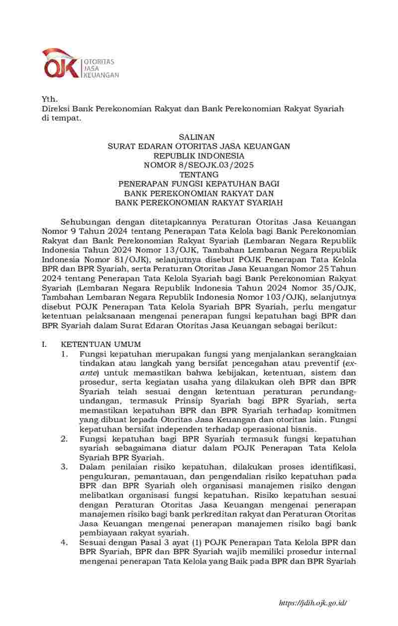 Surat Edaran Otoritas Jasa Keuangan (OJK) No 8/SEOJK.03/2025 tahun 2025 tentang Penerapan Fungsi Kepatuhan bagi Bank Perekonomian Rakyat dan Bank Perekonomian Rakyat Syariah