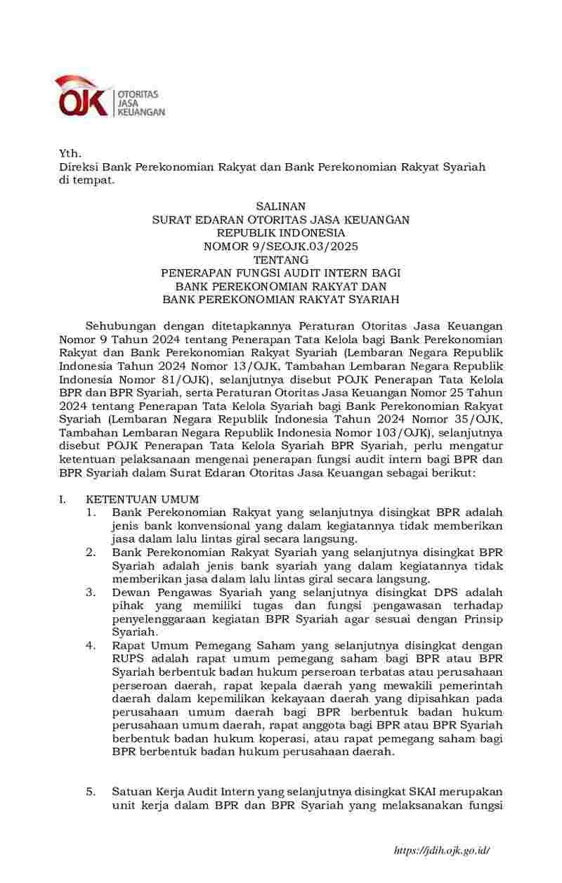 Surat Edaran Otoritas Jasa Keuangan (OJK) No 9/SEOJK.03/2025 tahun 2025 tentang Penerapan Fungsi Audit Intern bagi Bank Perekonomian Rakyat dan Bank Perekonomian Rakyat Syariah