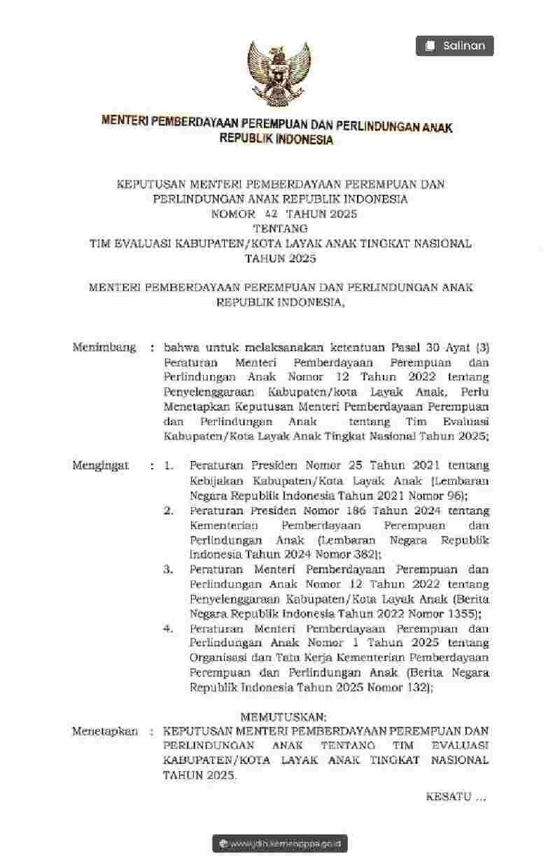 Keputusan Menteri Pemberdayaan Perempuan Dan Perlindungan Anak No 42 tahun 2025 tentang Tim Evaluasi Kabupaten/Kota Layak Anak Tingkat Nasional Tahun 2025