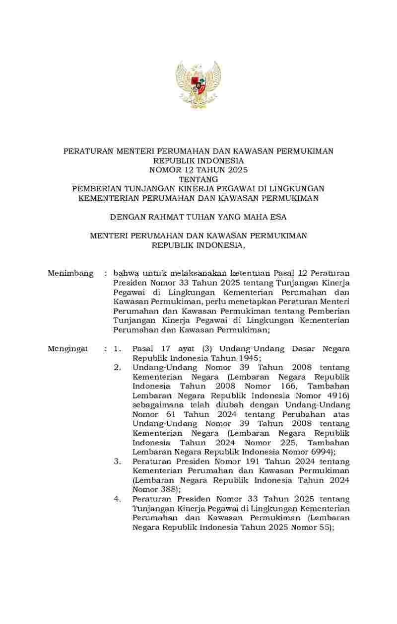 Peraturan Menteri Perumahan dan Kawasan Pemukiman No 12 tahun 2025 tentang Pemberian Tunjangan Kinerja Pegawai di Lingkungan Kementerian Perumahan dan Kawasan Permukiman