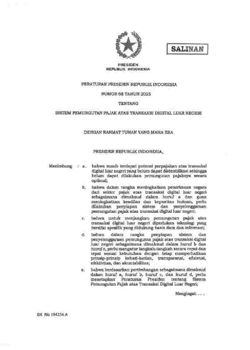 Peraturan Presiden No 68 tahun 2025 tentang Sistem Pemungutan Pajak atas Transaksi Digital Luar Negeri