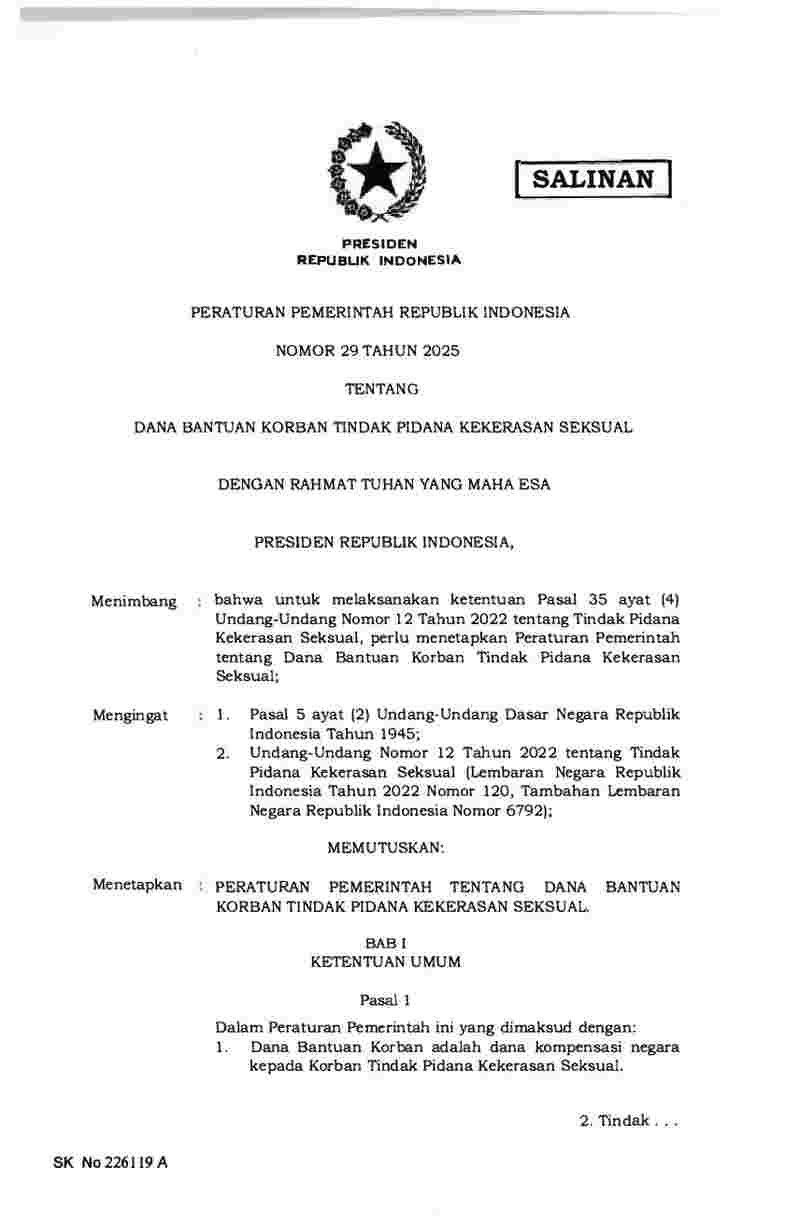 Peraturan Pemerintah No 29 tahun 2025 tentang Dana Bantuan Korban Tindak Pidana Kekerasan Seksual