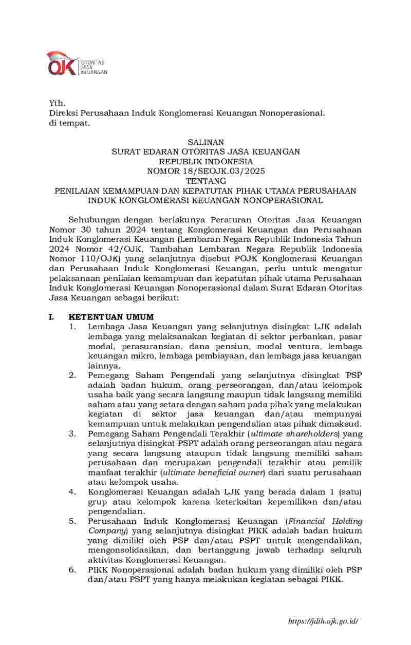 Surat Edaran Otoritas Jasa Keuangan (OJK) No 18/SEOJK.03/2025 tahun 2025 tentang Penilaian Kemampuan dan Kepatutan Pihak Utama Perusahaan Induk Konglomerasi Keuangan Nonoperasioanal