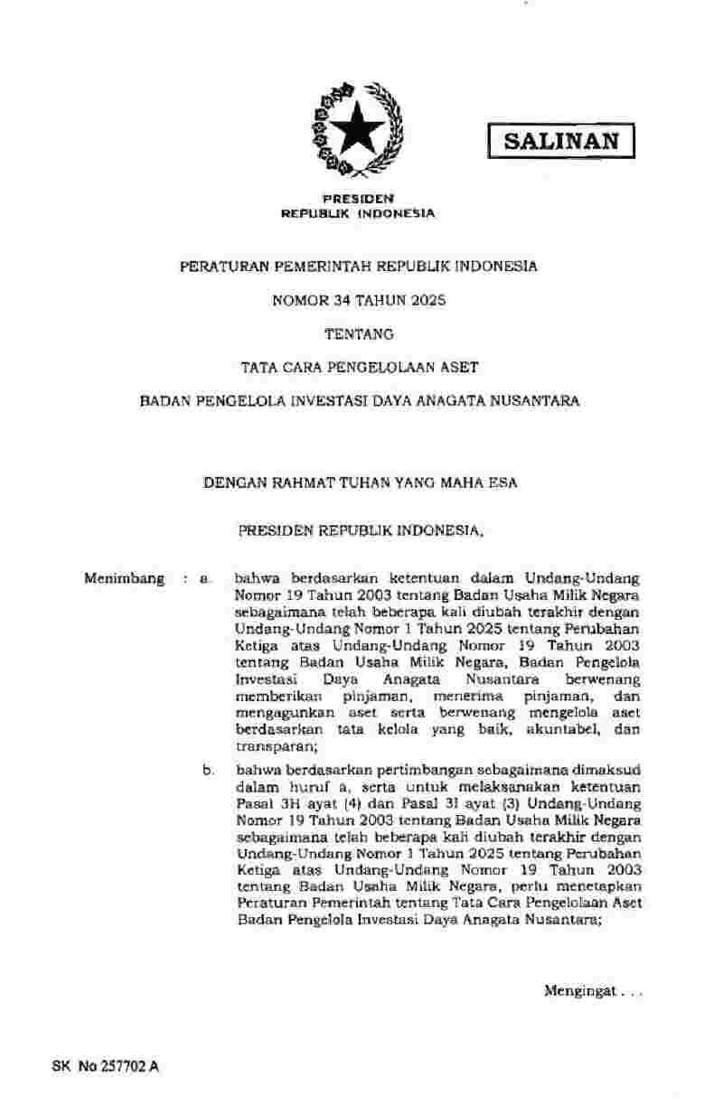 Peraturan Pemerintah No 34 tahun 2025 tentang Tata Cara Pengelolaan Aset Badan Pengelola Investasi Daya Anagata Nusantara