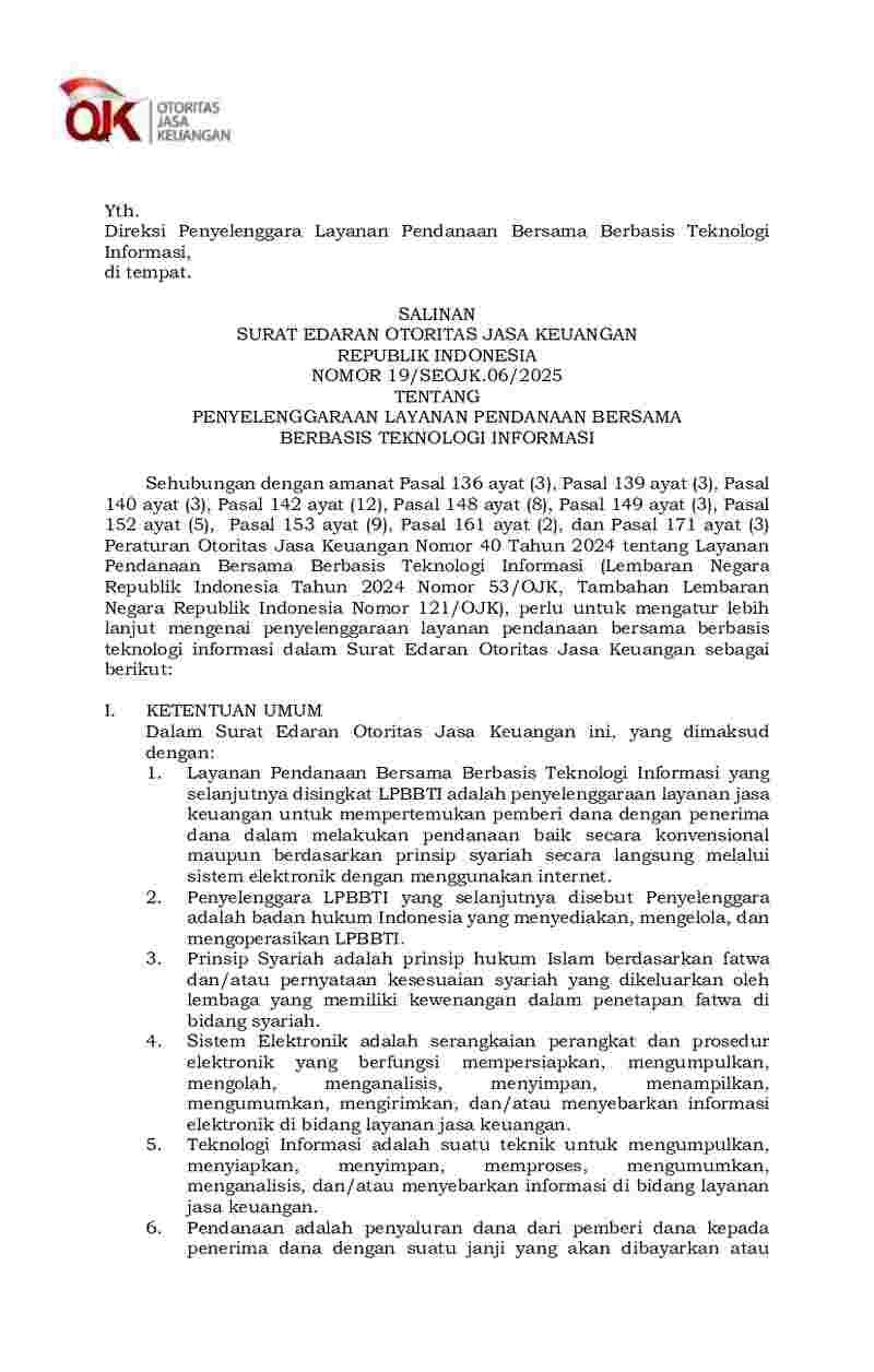 Surat Edaran Otoritas Jasa Keuangan (OJK) No 19/SEOJK.06/2025 tahun 2025 tentang Penyelenggaraan Layanan Pendanaan Bersama Berbasis Teknologi Informasi