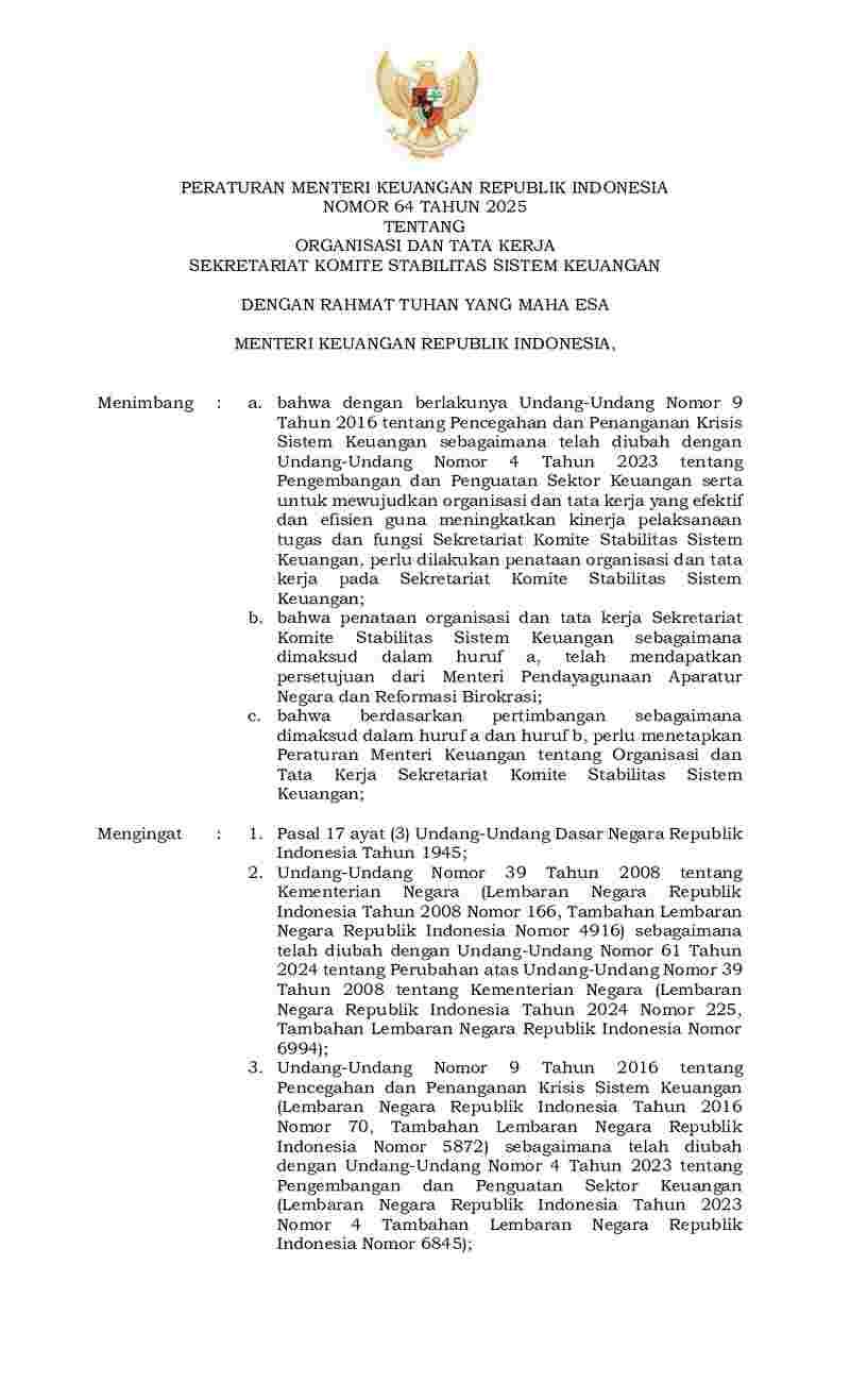 Peraturan Menteri Keuangan No 64 tahun 2025 tentang Organisasi dan Tata Kerja Sekretariat Komite Stabilitas Sistem Keuangan