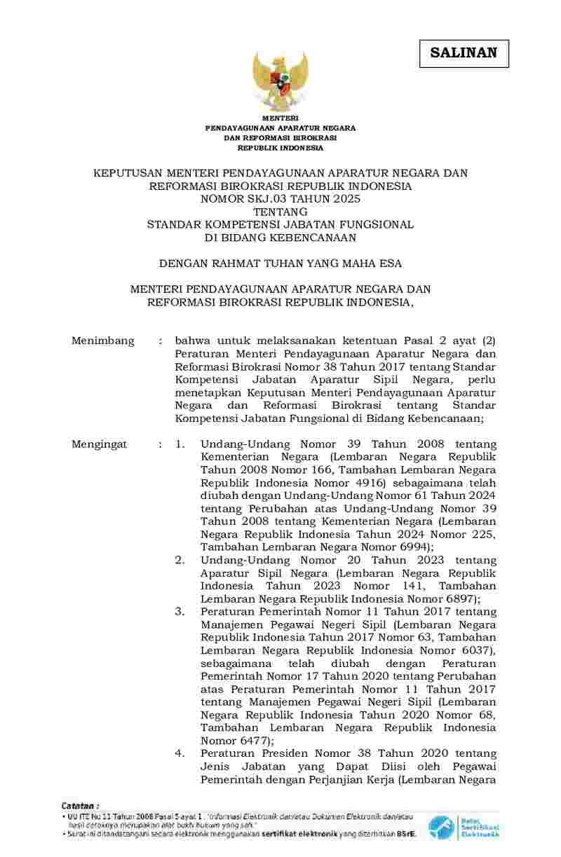 Keputusan Menteri Negara Pendayagunaan Aparatur Negara dan Reformasi Birokrasi No SKJ.03 tahun 2025 tentang Standar Kompetensi Jabatan Fungsional di Bidang Kebencanaan