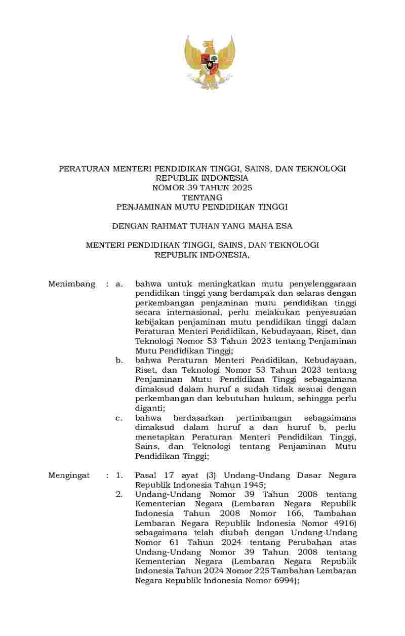 Peraturan Menteri Pendidikan Tinggi, Sains, dan Teknologi No 39 tahun 2025 tentang Penjaminan Mutu Pendidikan Tinggi