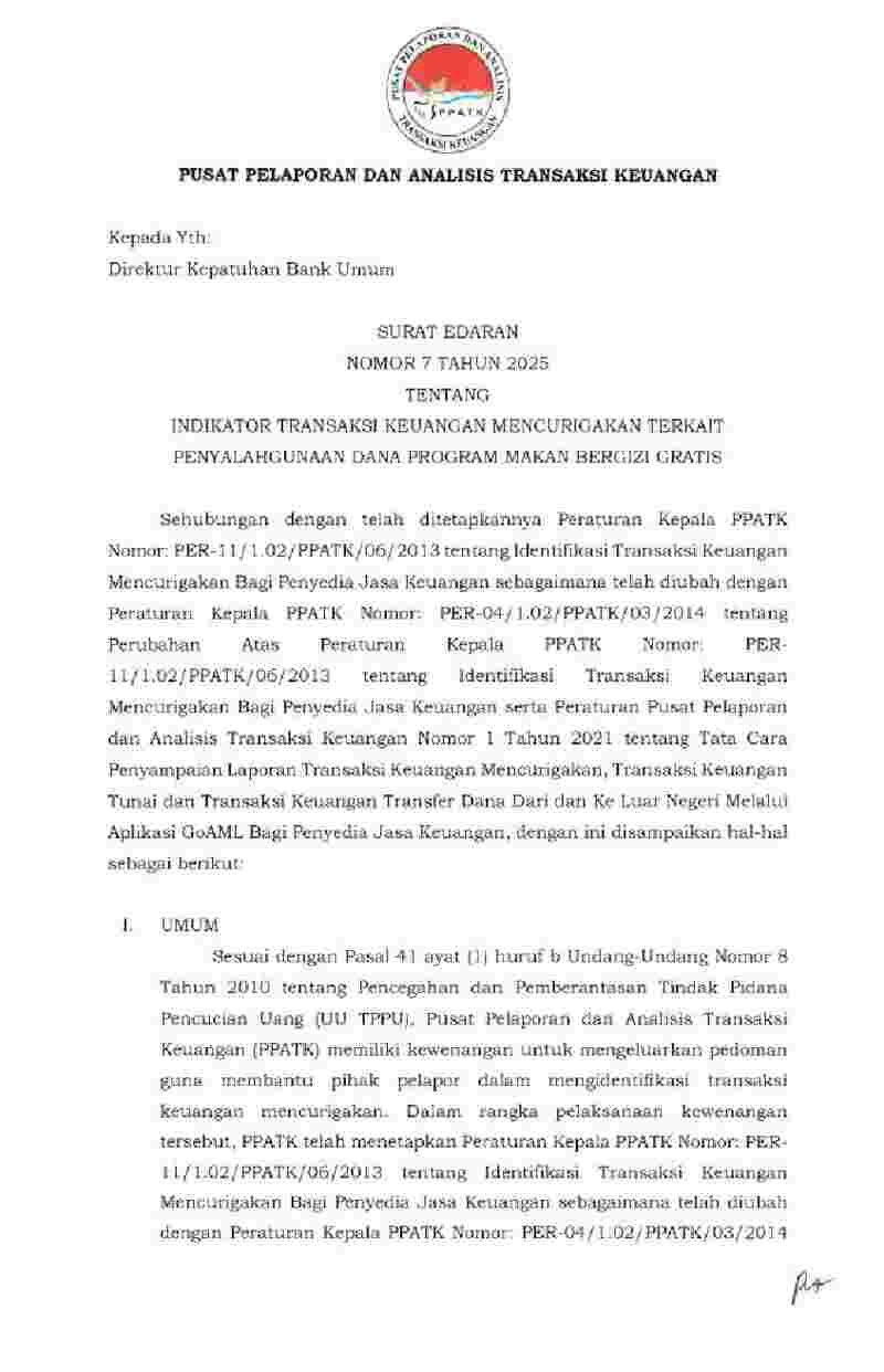 Surat Edaran Kepala Pusat Pelaporan dan Analisis Transaksi Keuangan (PPATK) No 7 tahun 2025 tentang Indikator Transaksi Keuangan Mencurigakan Terkait Penyalahgunaan Dana Program Makan Bergizi Gratis