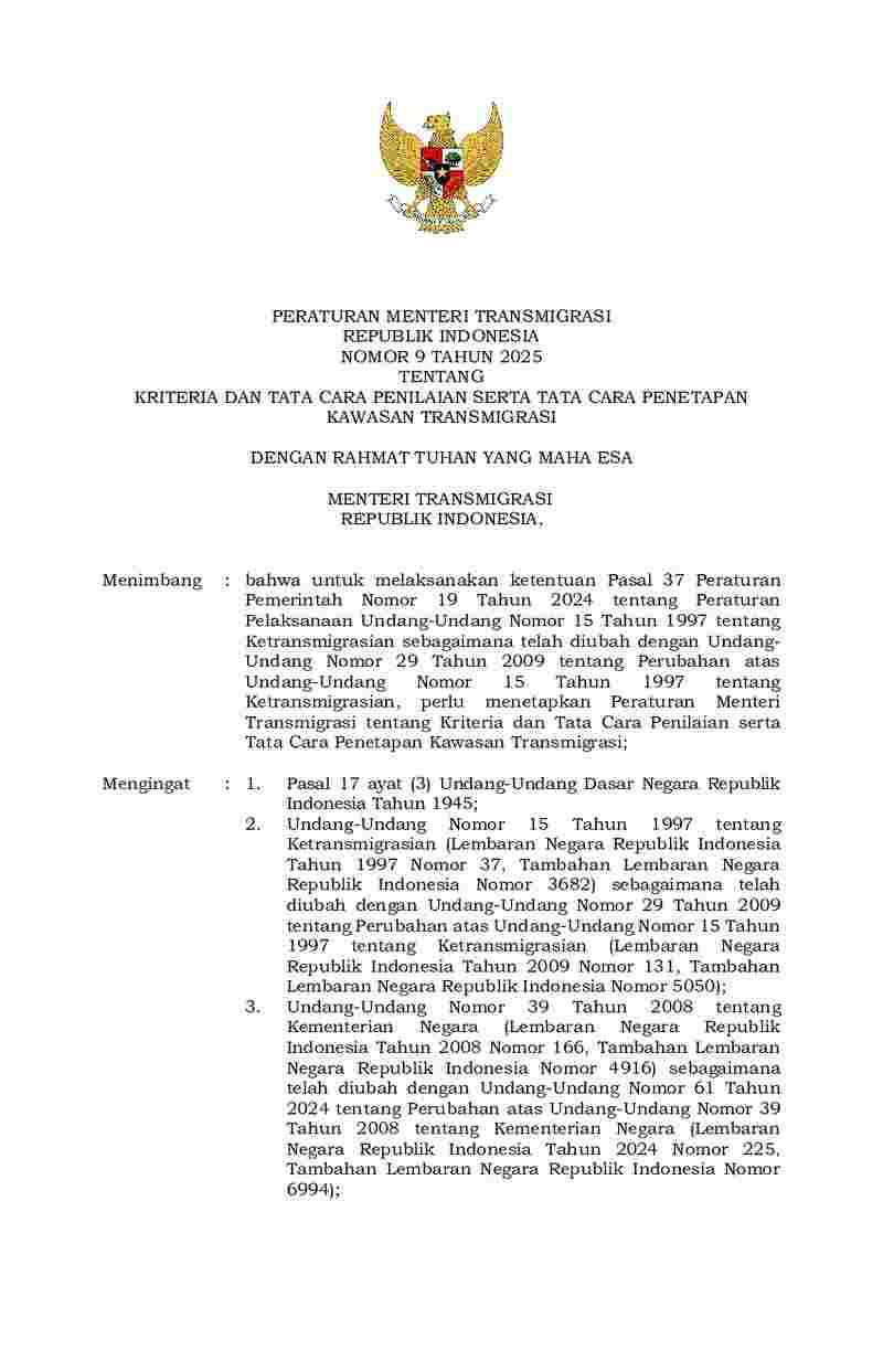 Peraturan Menteri Transmigrasi No 9 tahun 2025 tentang Kriteria dan Tata Cara Penilaian Serta Tata Cara Penetapan Kawasan Transmigrasi
