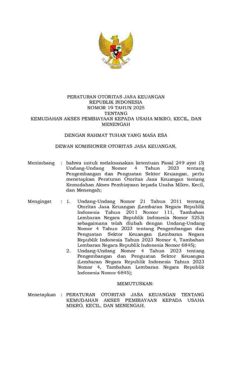 Peraturan Otoritas Jasa Keuangan (OJK) No 19 tahun 2025 tentang Kemudahan Akses Pembiayaan kepada Usaha Mikro, Kecil, dan Menengah