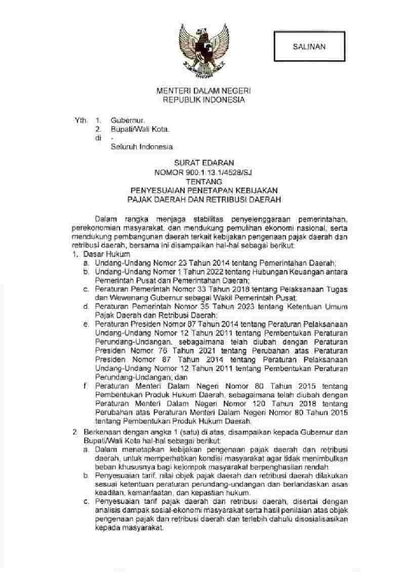 Surat Edaran Menteri Dalam Negeri No 900.1.13.1/4528/SJ tahun 2025 tentang Penyesuaian Penetapan Kebijakan Pajak Daerah dan Retribusi Daerah