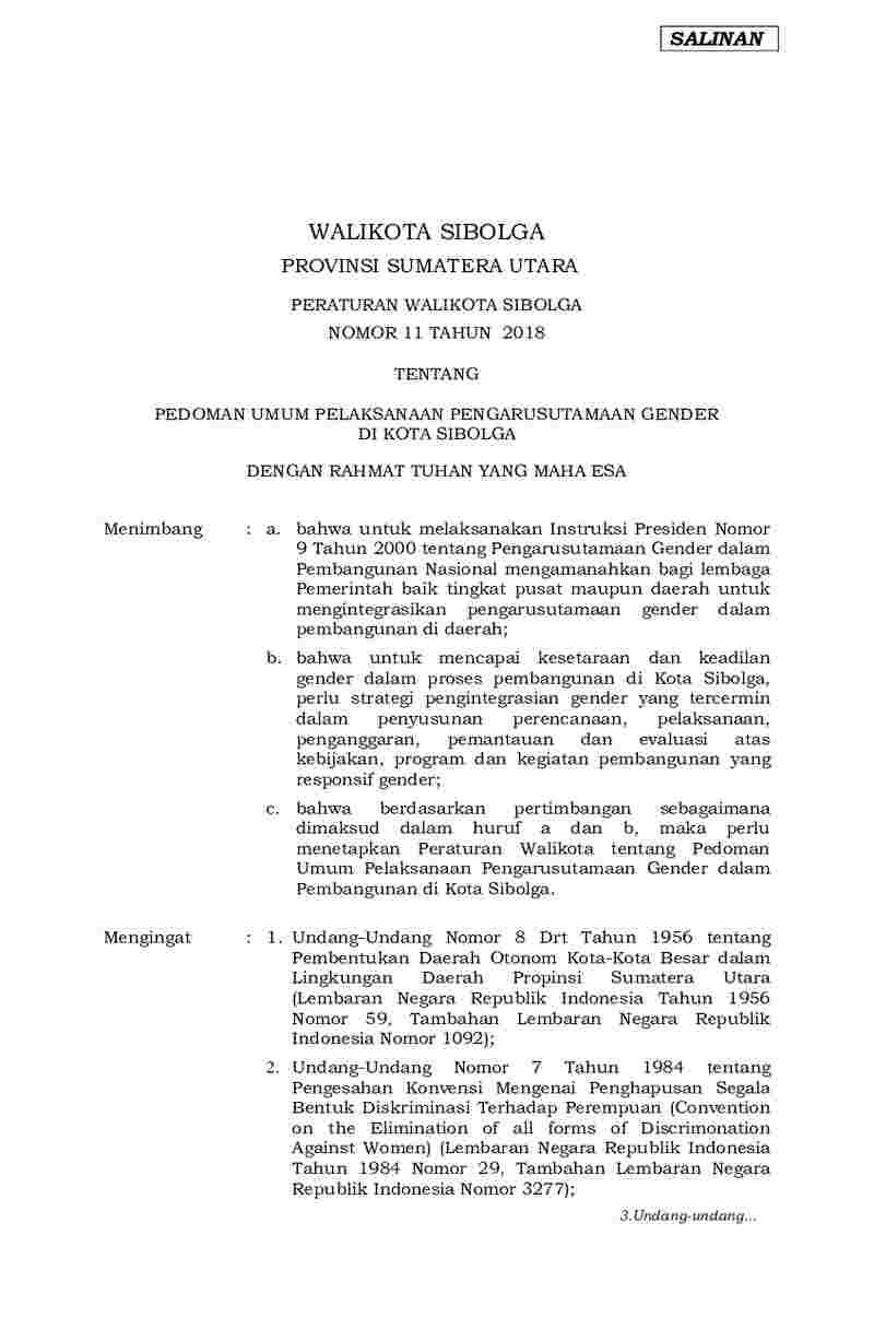 Peraturan Walikota Sibolga No 11 tahun 2018 tentang Pedoman Umum Pelaksanaan Pengarusutamaan Gender di Kota Sibolga