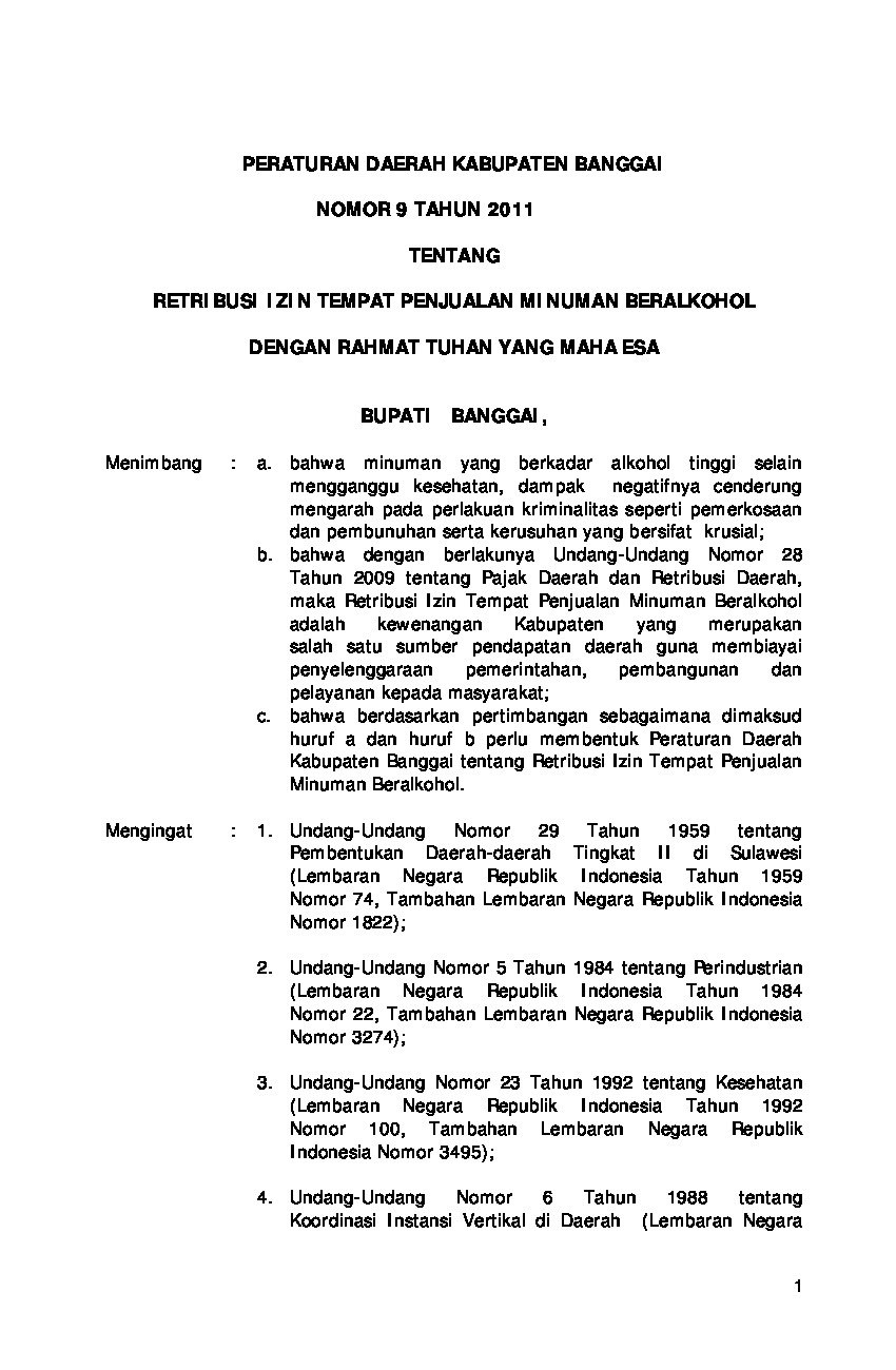 Peraturan Daerah Kabupaten Banggai No 9 tahun 2011 tentang Retribusi Izin Tempat Penjualan Minuman Beralkohol