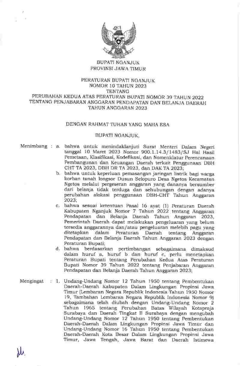 Peraturan Bupati Nganjuk No 10 tahun 2023 tentang Perubahan Kedua atas Peraturan Bupati Nomor 39 Tahun 2022 tentang Penjabaran Anggaran Pendapatan dan Belanja Daerah Tahun Anggaran 2023
