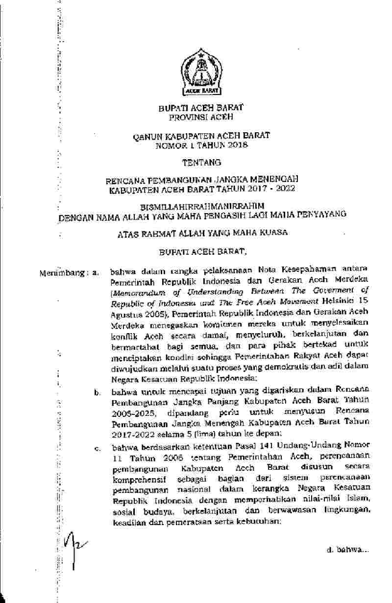 Qanun/Peraturan Daerah Kabupaten Aceh Barat No 1 tahun 2018 tentang Rencana Pembangunan Jangka Menengah Kabupaten Aceh Barat Tahun 2017 - 2022