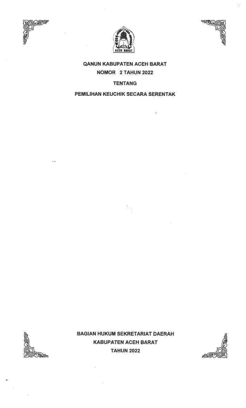 Qanun/Peraturan Daerah Kabupaten Aceh Barat No 2 tahun 2022 tentang Pemilihan Keuchik Secara Serentak