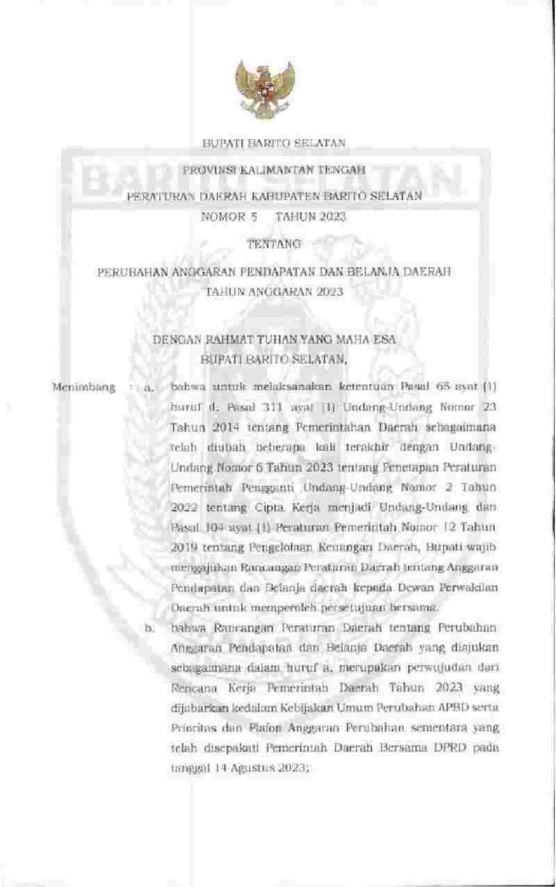Peraturan Daerah Kabupaten Barito Selatan No 5 tahun 2023 tentang Perubahan Anggaran Pendapatan dan Belanja Daerah Tahun Anggaran 2023