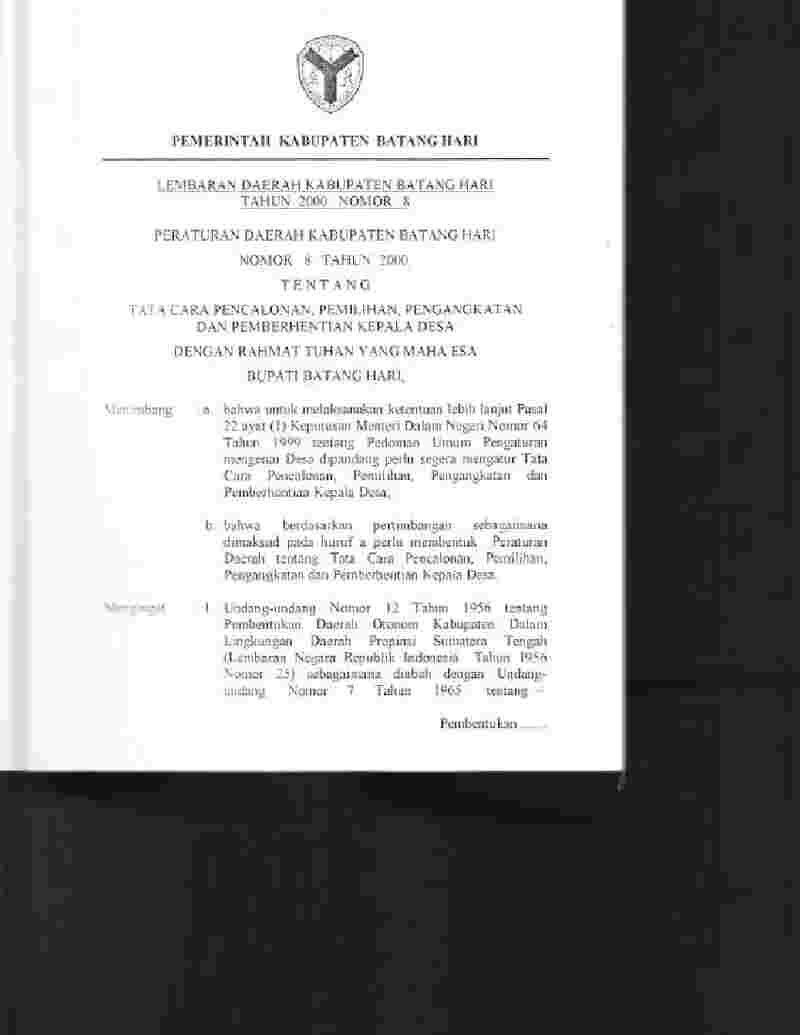 Peraturan Daerah Kabupaten Batang Hari No 8 tahun 2000 tentang Tata Cara Pencalonan, Pemilihan, Pengangkatan dan Pemberhentian Kepala Desa