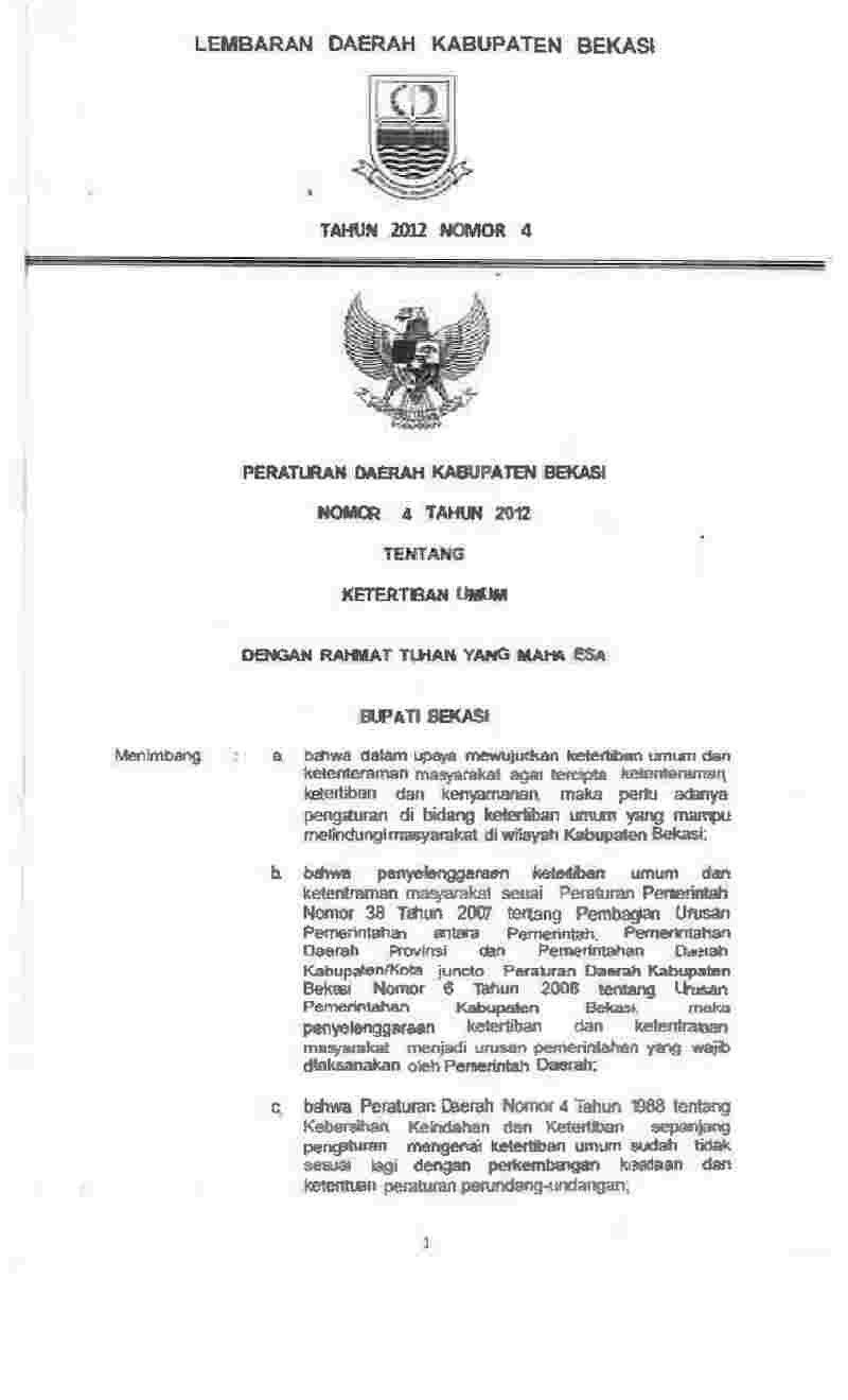 Peraturan Daerah Kabupaten Bekasi No 4 tahun 2012 tentang Ketertiban Umum