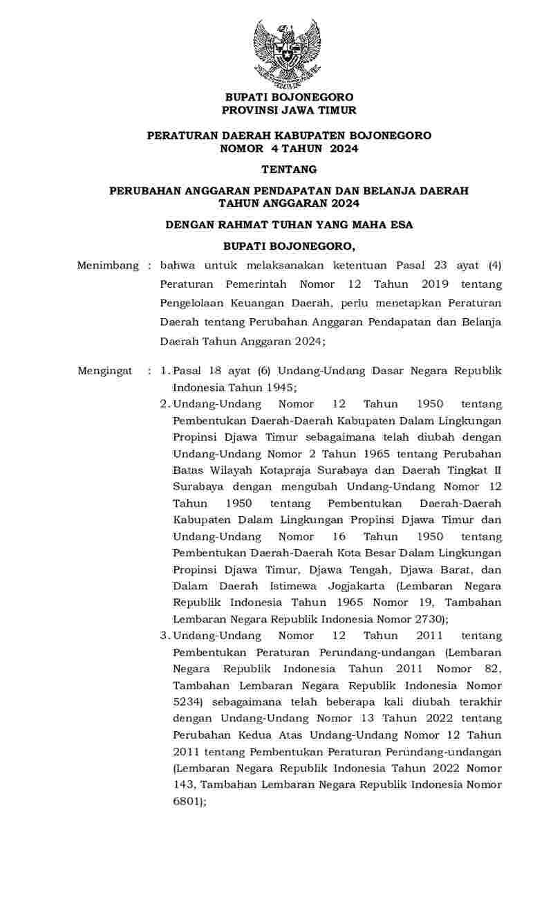 Peraturan Daerah Kabupaten Bojonegoro No 4 tahun 2024 tentang Perubahan Anggaran Pendapatan dan Belanja Daerah Tahun Anggaran 2024
