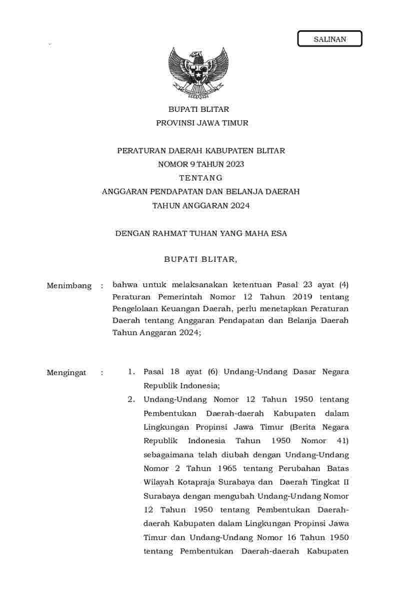 Peraturan Daerah Kabupaten Blitar No 9 tahun 2023 tentang Anggaran Pendapatan dan Belanja Daerah Tahun Anggaran 2024