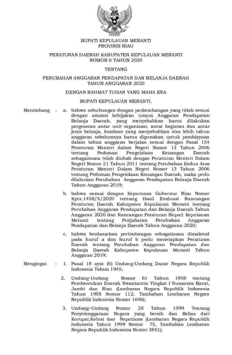 Peraturan Daerah Kabupaten Kepulauan Meranti No 6 tahun 2020 tentang Perubahan Anggaran Pendapatan dan Belanja Daerah Tahun Anggaran 2020