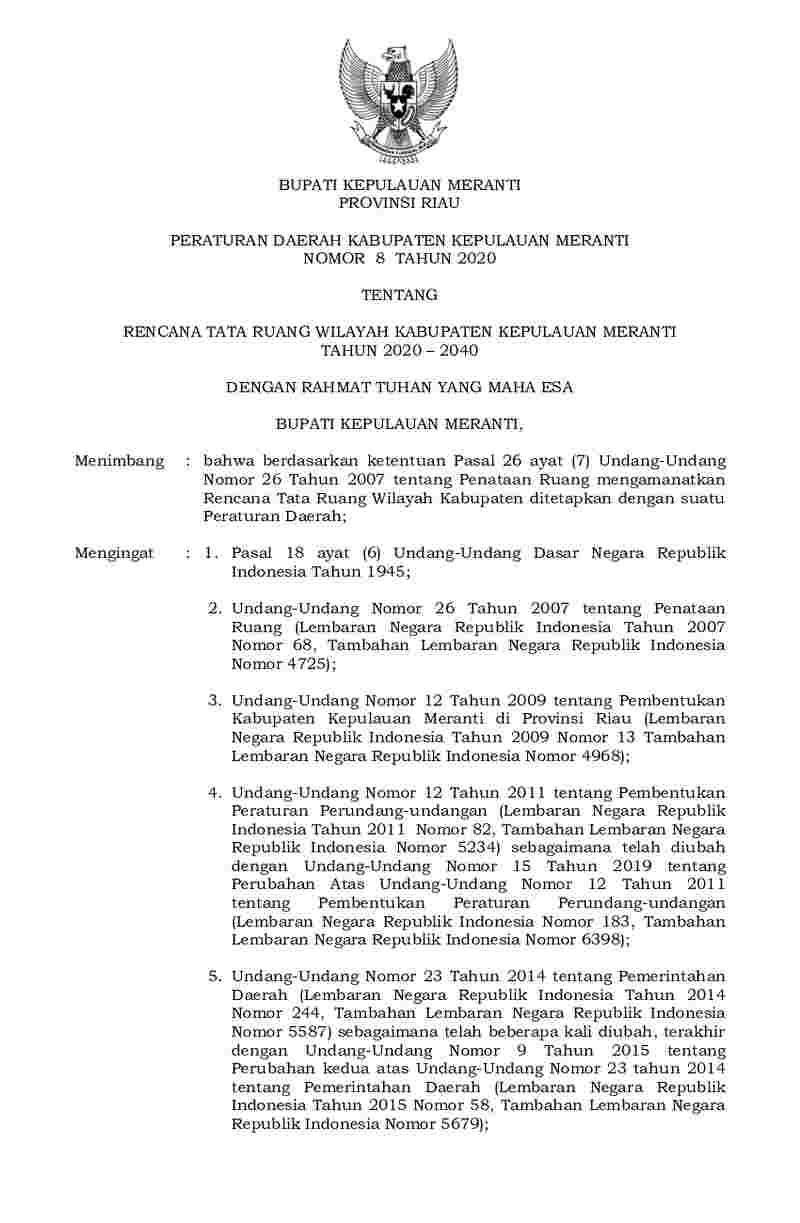 Peraturan Daerah Kabupaten Kepulauan Meranti No 8 tahun 2020 tentang Rencana Tata Ruang Wilayah Kabupaten Kepulauan Meranti Tahun 2020 - 2040