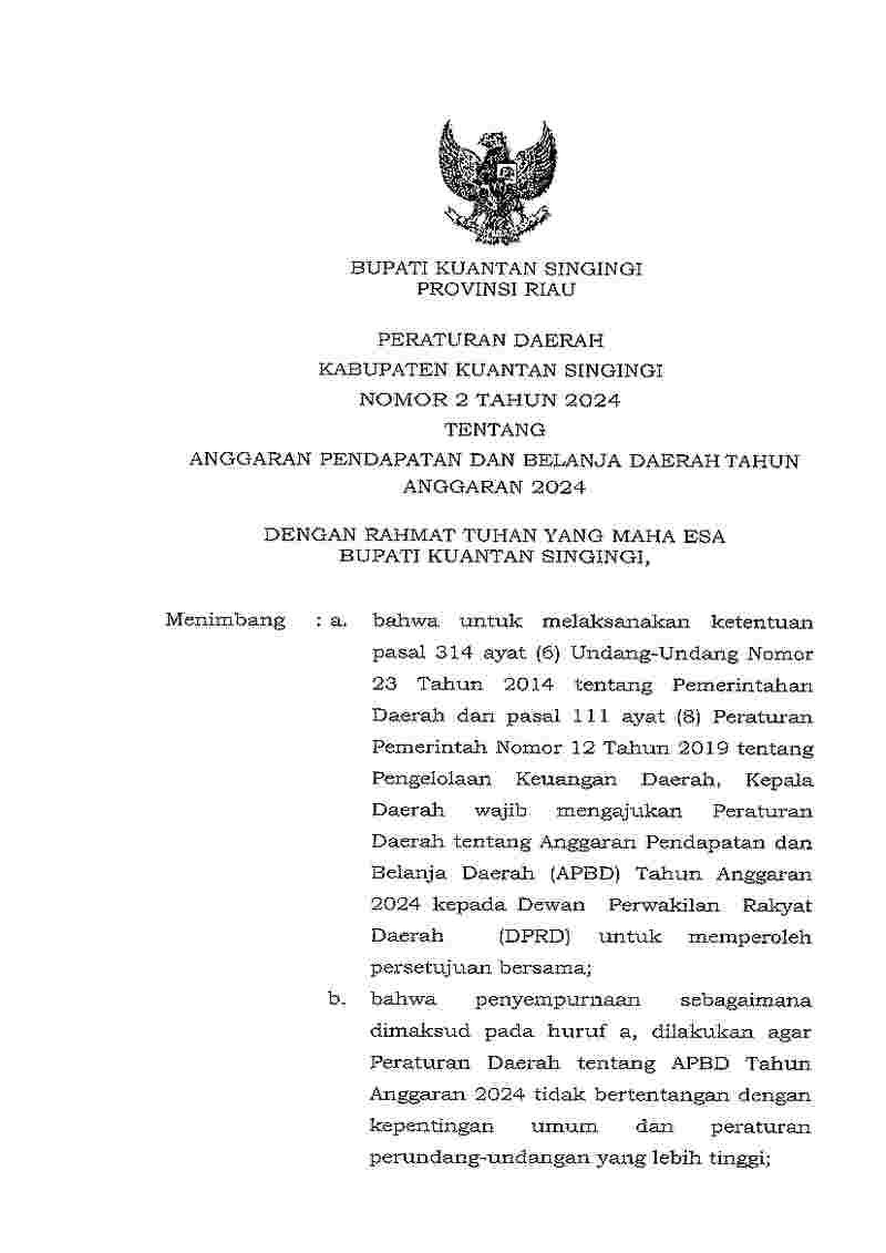 Peraturan Daerah Kabupaten Kuantan Singingi No 2 tahun 2024 tentang Anggaran Pendapatan dan Belanja Daerah Tahun Anggaran 2024