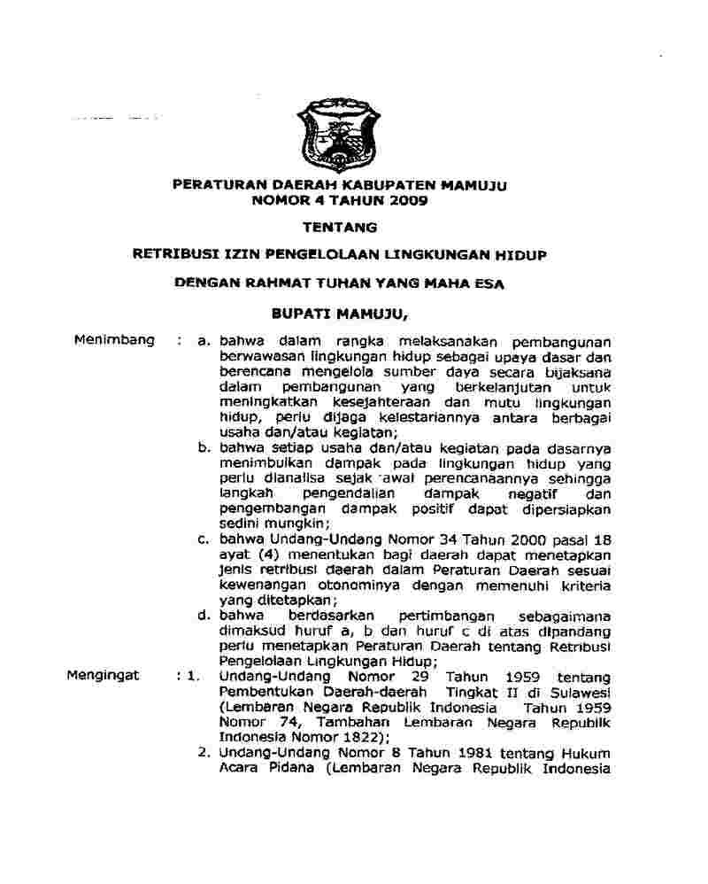 Peraturan Daerah Kabupaten Mamuju No 4 tahun 2009 tentang Retribusi Izin Pengelolaan Lingkungan Hidup