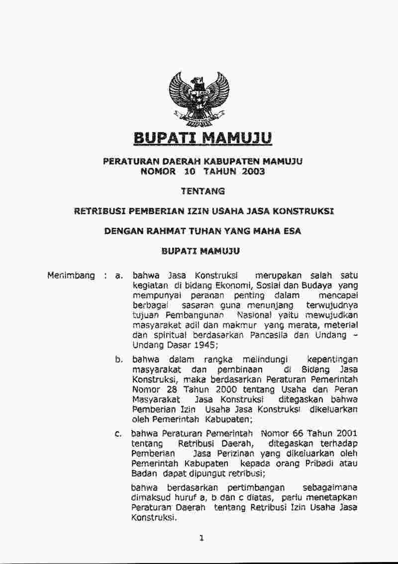 Peraturan Daerah Kabupaten Mamuju No 10 tahun 2003 tentang Retribusi Pemberian Izin Usaha Jasa Konstruksi