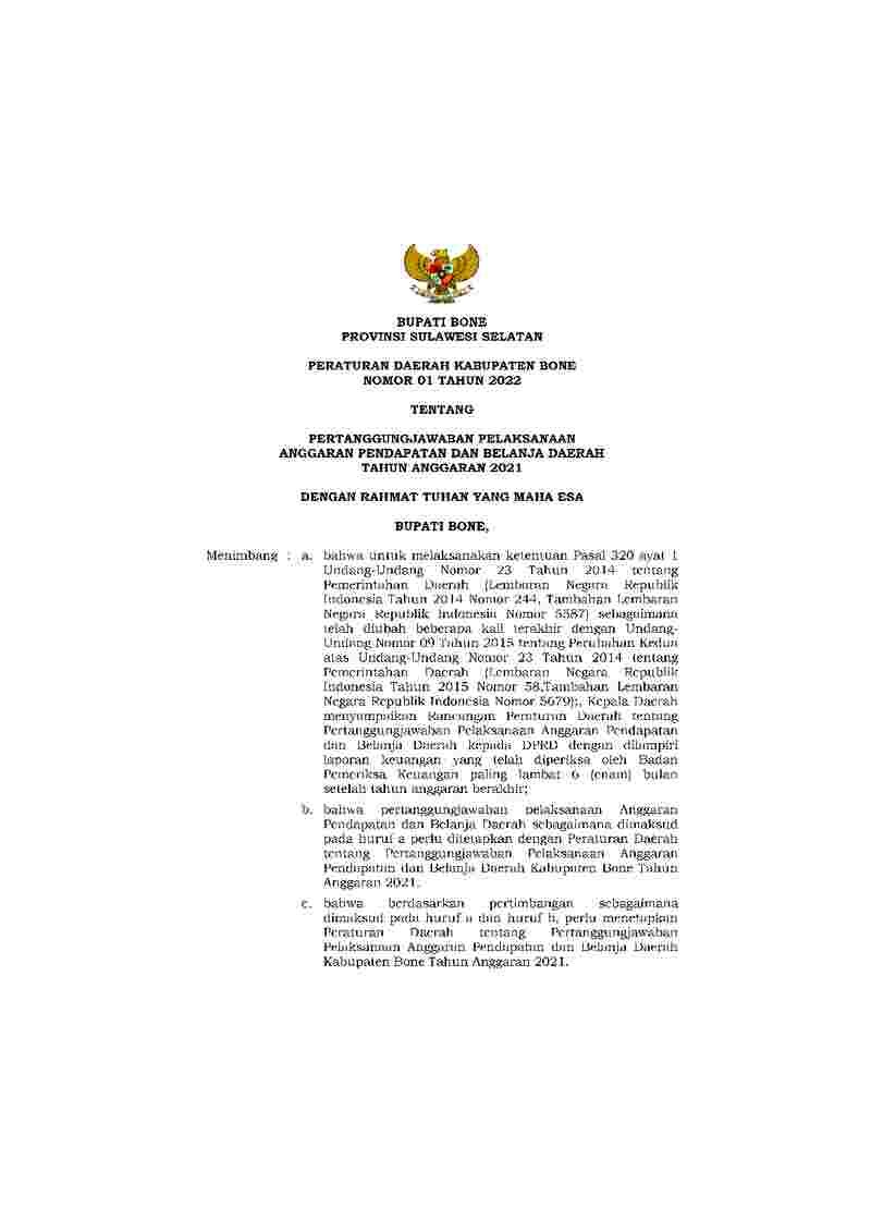 Peraturan Daerah Kabupaten Bone No 1 tahun 2022 tentang Pertanggungjawaban Pelaksanaan Anggaran Pendapatan dan Belanja Daerah Tahun Anggaran 2021