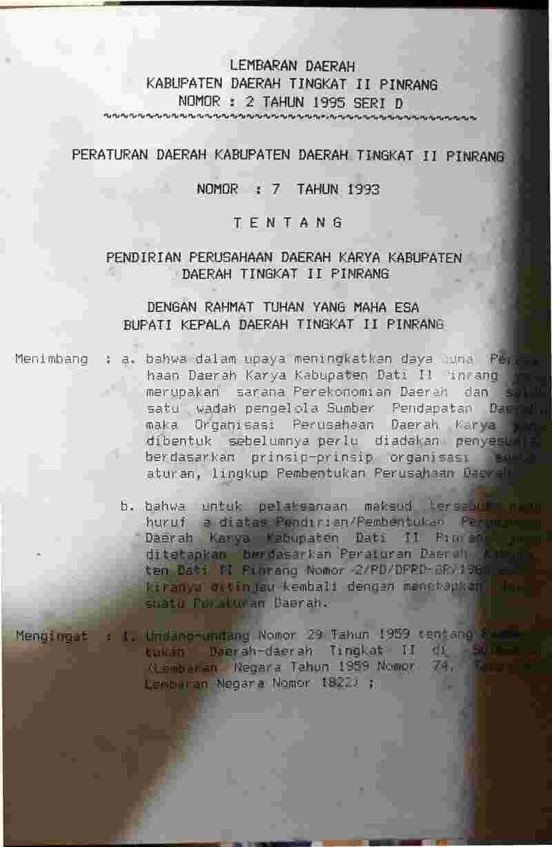 Peraturan Daerah Kabupaten Pinrang No 7 tahun 1993 tentang Pendirian Perusahaan Daerah Karya Kabupaten Daerah Tingkat II Pinrang