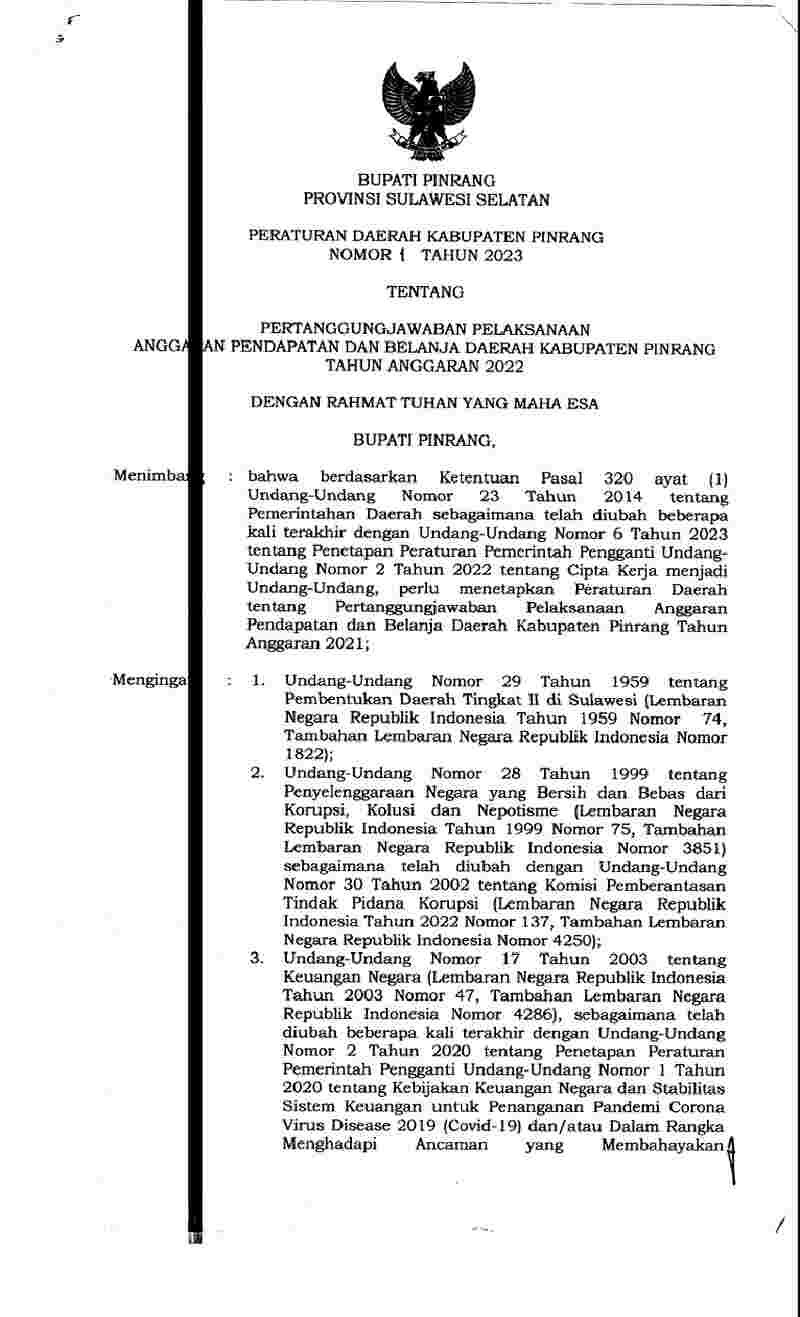 Peraturan Daerah Kabupaten Pinrang No 1 tahun 2023 tentang Pertanggungjawaban Pelaksanaan Anggaran Pendapatan dan Belanja Daerah Kabupaten Pinrang Tahun Anggaran 2022