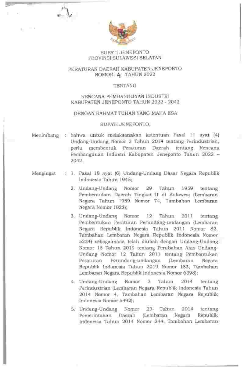 Peraturan Daerah Kabupaten Jeneponto No 4 tahun 2022 tentang Rencana Pembangunan Industri Kabupaten Jeneponto Tahun 2022 - 2042
