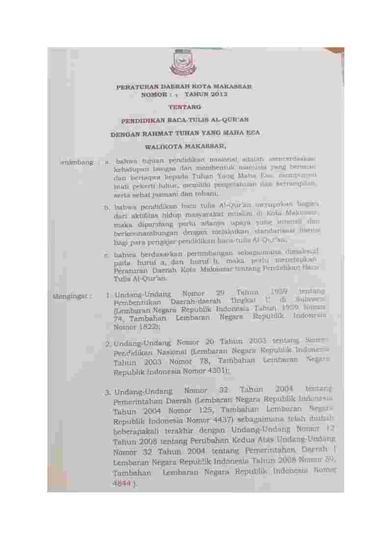Peraturan Daerah Kota Makassar No 1 tahun 2012 tentang Pendidikan Baca Tulis Al-Qur'an