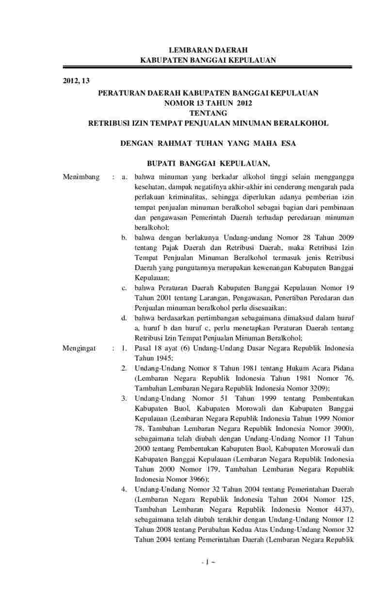 Peraturan Daerah Kabupaten Banggai Kepulauan No 13 tahun 2012 tentang Retribusi Izin Tempat Penjualan Minuman Beralkohol