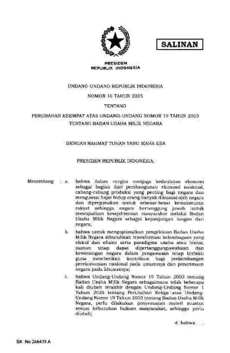 Undang Undang No 16 tahun 2025 tentang Perubahan Keempat atas Undang-Undang Nomor 19 Tahun 2003 tentang Badan Usaha Milik Negara